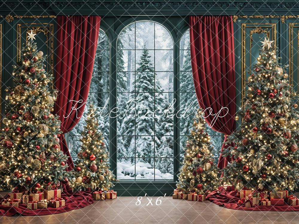 Kate Christmas Trees Window Red Curtains Backdrop Designed by Ashley Paul