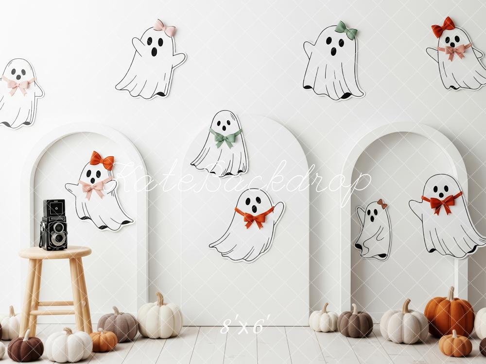 Kate Halloween Cute Ghosts Pumpkins White Backdrop Designed by Patty Robert