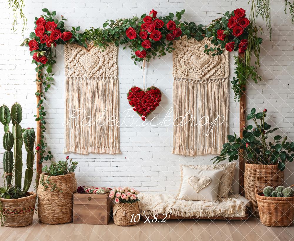 Kate Boho Macrame Red Roses White Brick Backdrop Designed by Emetselch -UK