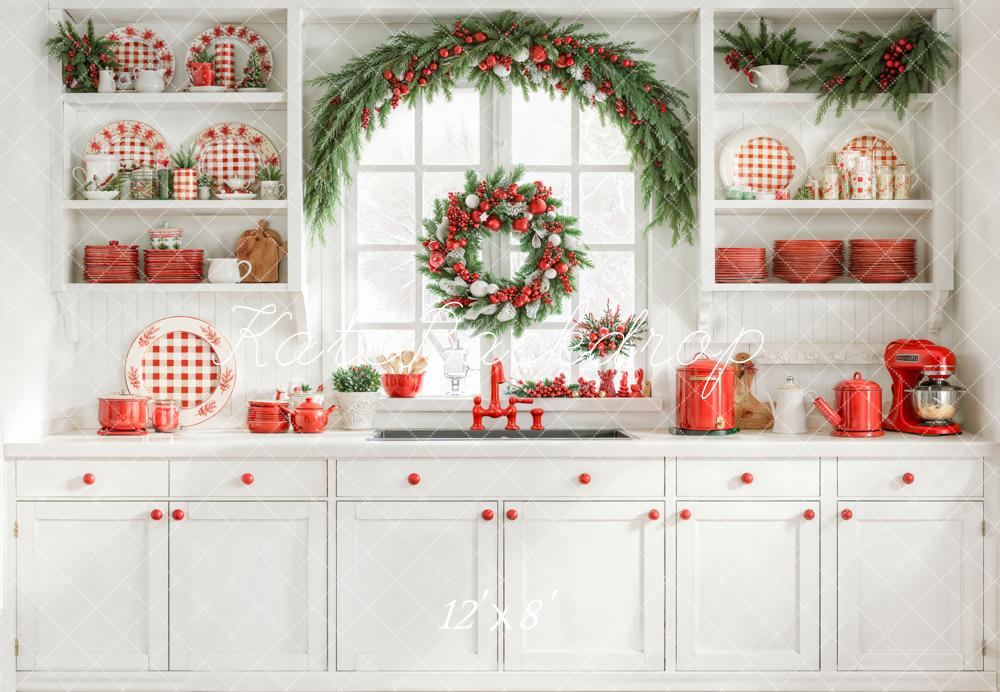 Kate Christmas Kitchen Window Garland Fleece Backdrop Designed by Emetselch