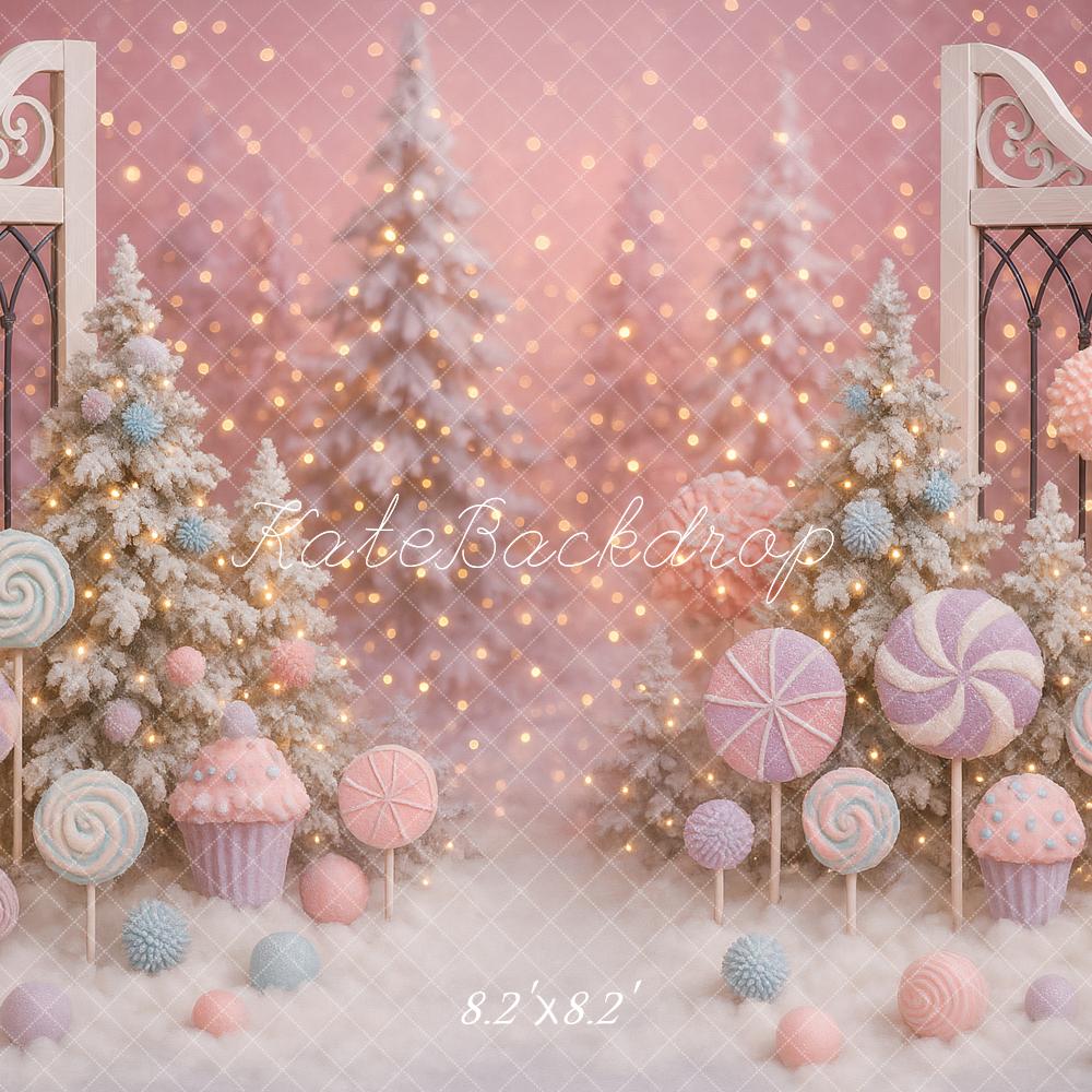 Kate Christmas Candy Lollipops Trees Pink Backdrop Designed by Ashley Paul -UK