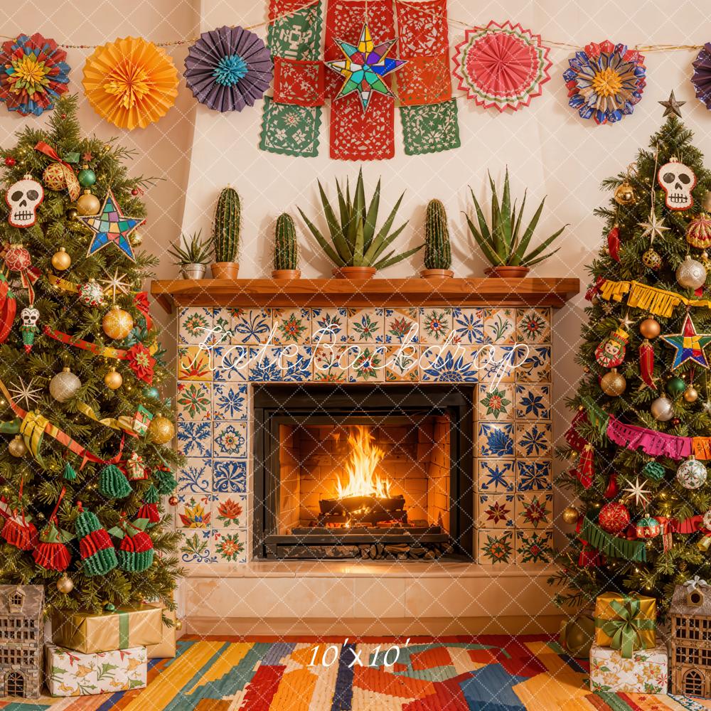 Kate Christmas Fireplace Papel Picado Trees Backdrop Designed by Emetselch -UK