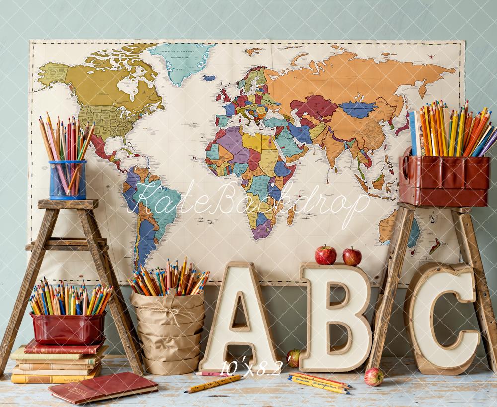 Kate Back To School World Map Pencils Backdrop Designed by Emetselch -UK