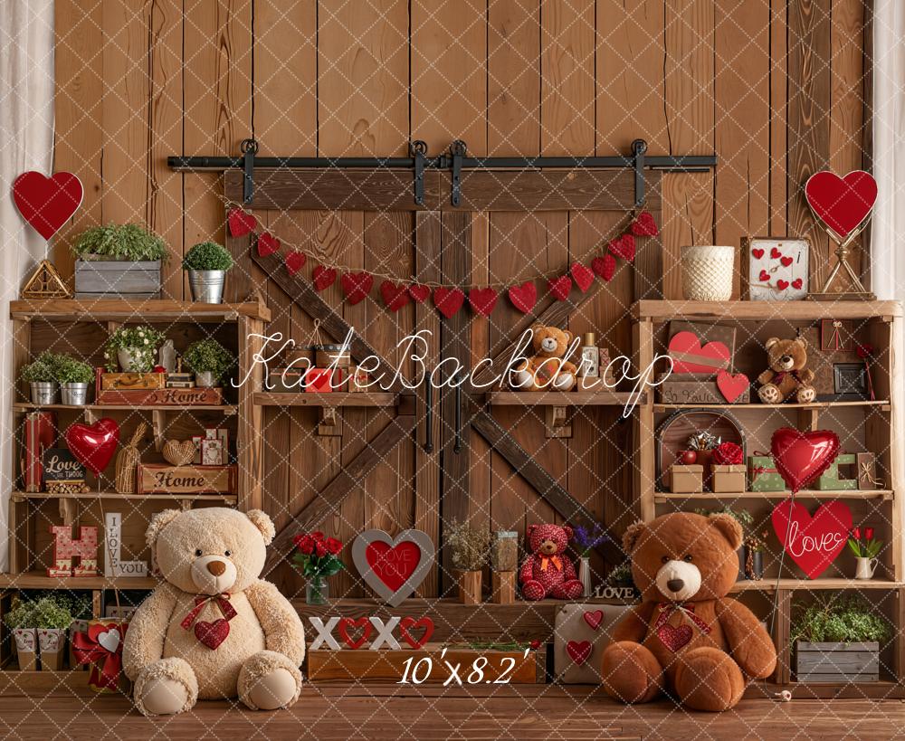 Kate Valentine Teddy Bears Wooden Shelves Fleece Backdrop Designed by Emetselch
