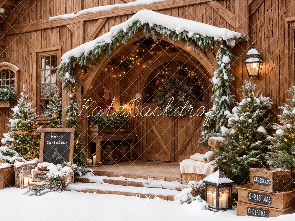 Kate Christmas Wooden Porch Snowy Trees Lanterns Backdrop Designed by Emetselch -UK