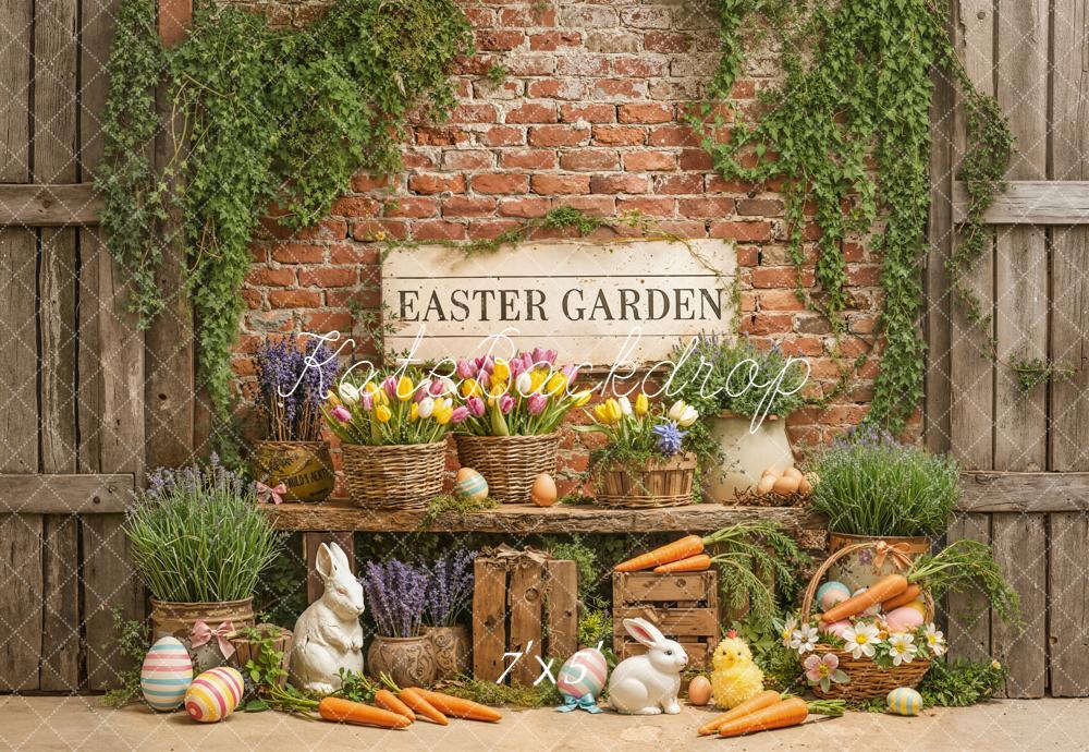 Kate Easter Garden Brick Wall Carrots Bunnies Backdrop Designed by Emetselch -UK