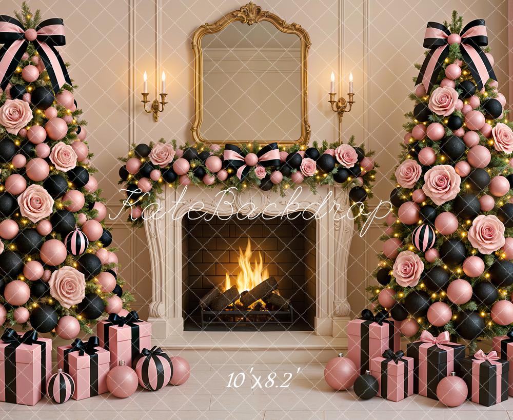 Kate Christmas Pink Black Trees Fireplace Backdrop Designed by Ashley Paul