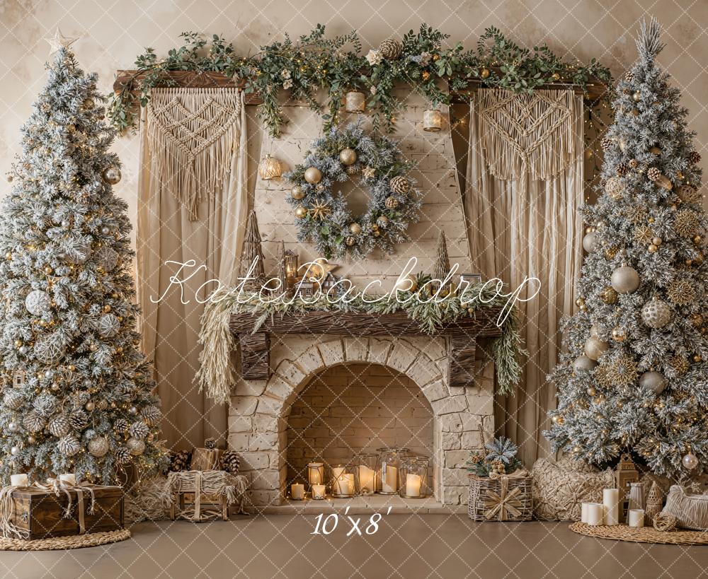 Kate Christmas Fireplace Trees Wreath Fleece Backdrop Designed by Emetselch
