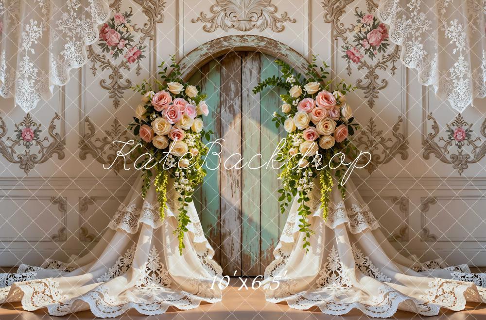 Kate Wedding Roses Rustic Door Lace Curtains Backdrop Designed by Mini MakeBelieve -UK