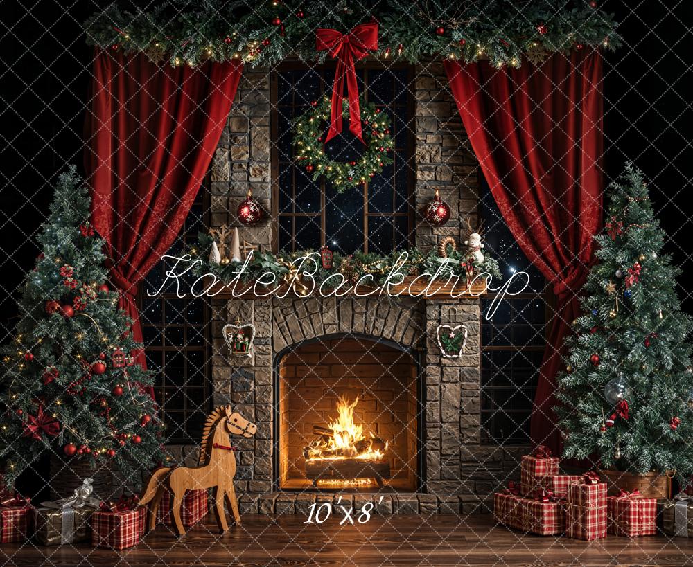 Kate Christmas Fireplace Dark Fleece Backdrop Designed by Emetselch