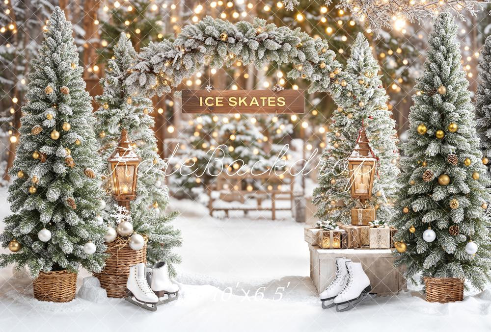 Kate Christmas Ice Skates Snowy Trees Arch Fleece Backdrop Designed by Emetselch -UK