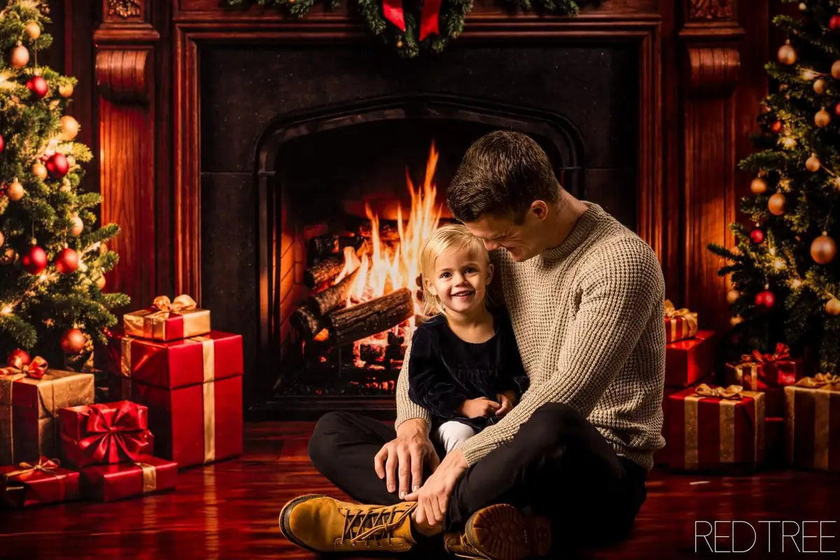 Lightning Deals Kate Christmas Fireplace Tree Brown Retro Wall Backdrop Designed by Emetselch -UK