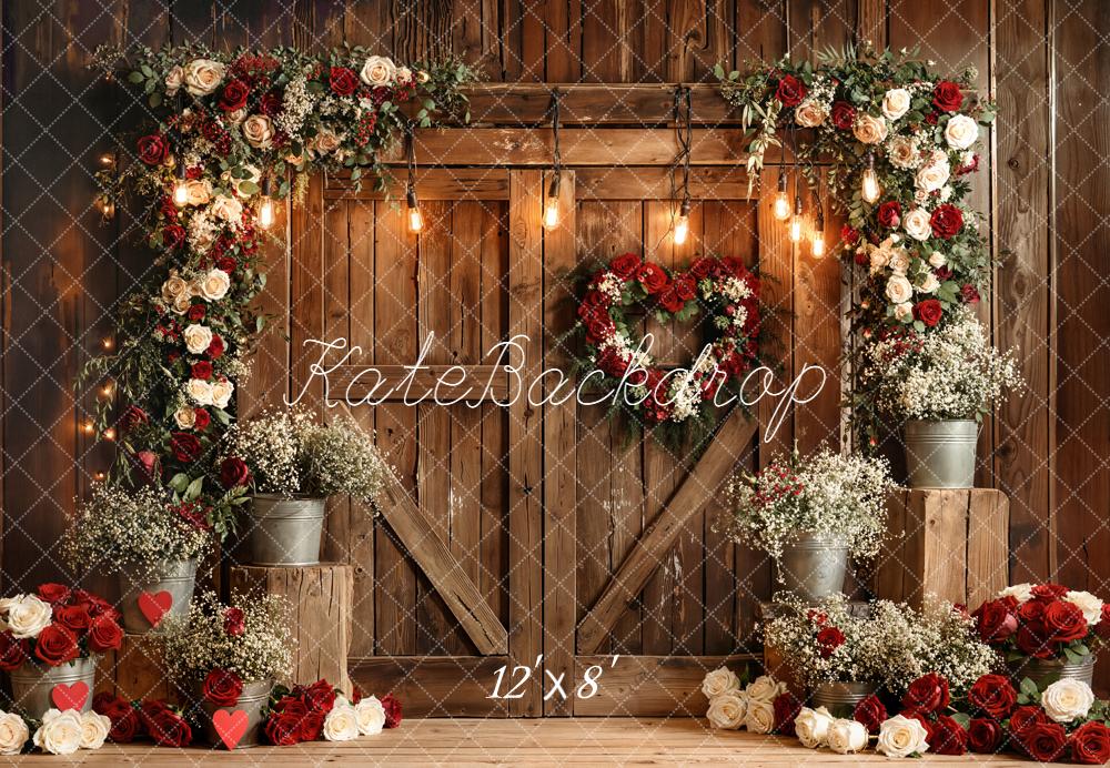 Kate Flower Arch Red White Roses Rustic Wood Fleece Backdrop Designed by Emetselch -UK