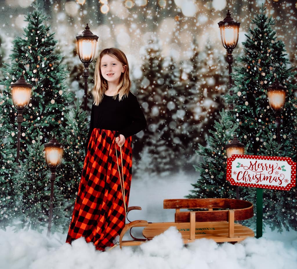 Kate Christmas Snow Forest Lights Fleece Backdrop for Photography -UK
