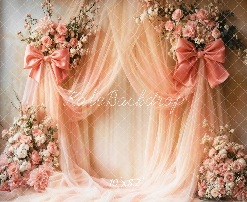 Kate Pink Drapes Bow Floral Fleece Backdrop Designed by Emetselch