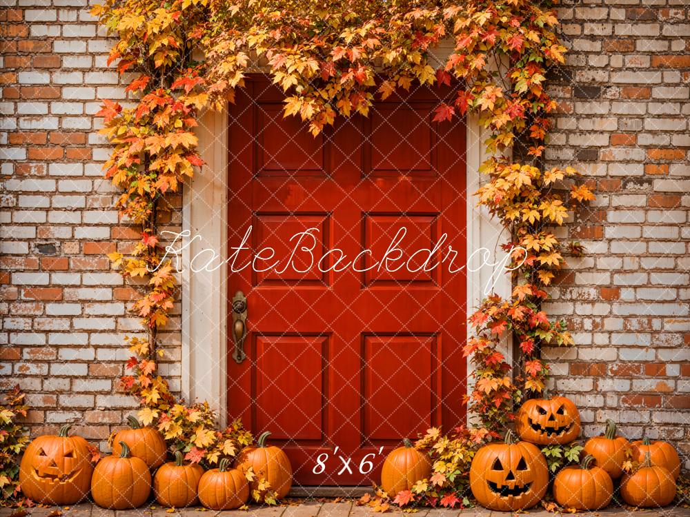 Kate Autumn Halloween Maple Leaves Red Door Backdrop Designed by Emetselch -UK