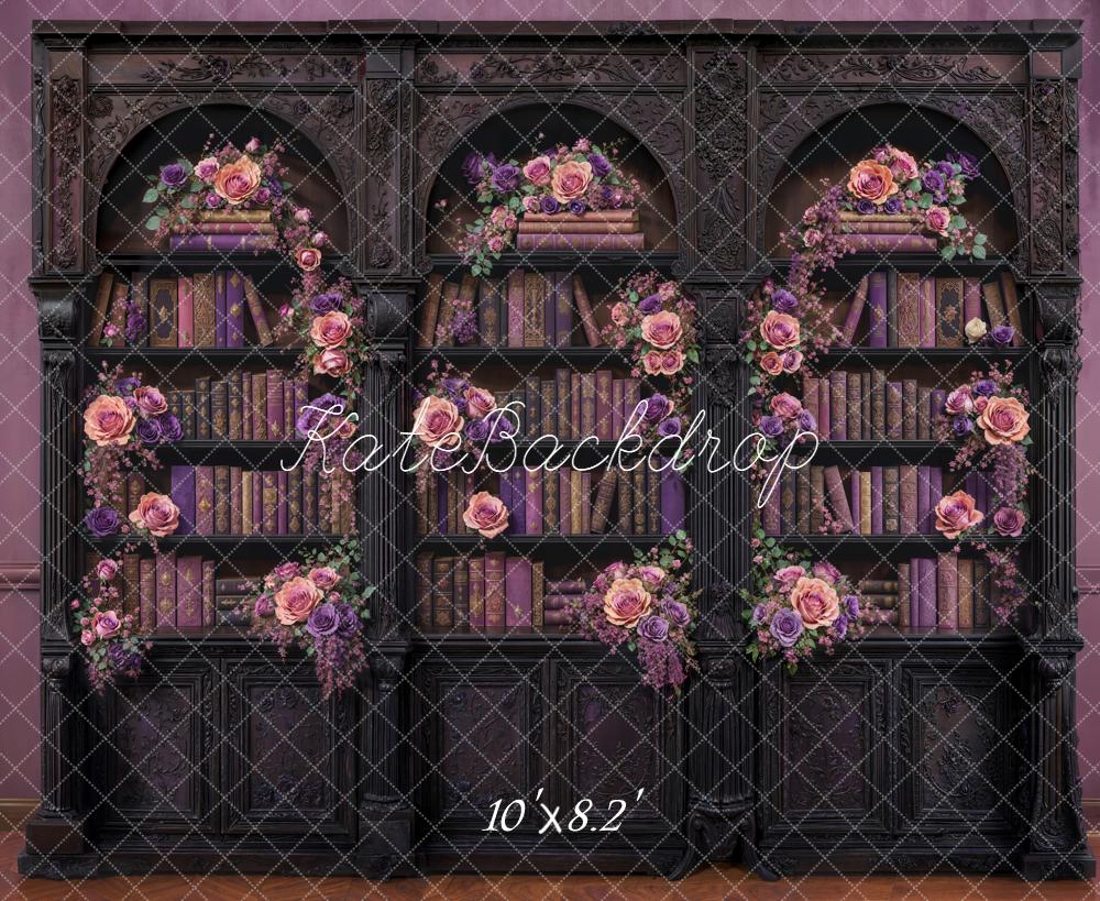 Kate Vintage Bookshelf Floral Purple Fleece Backdrop Designed by Emetselch