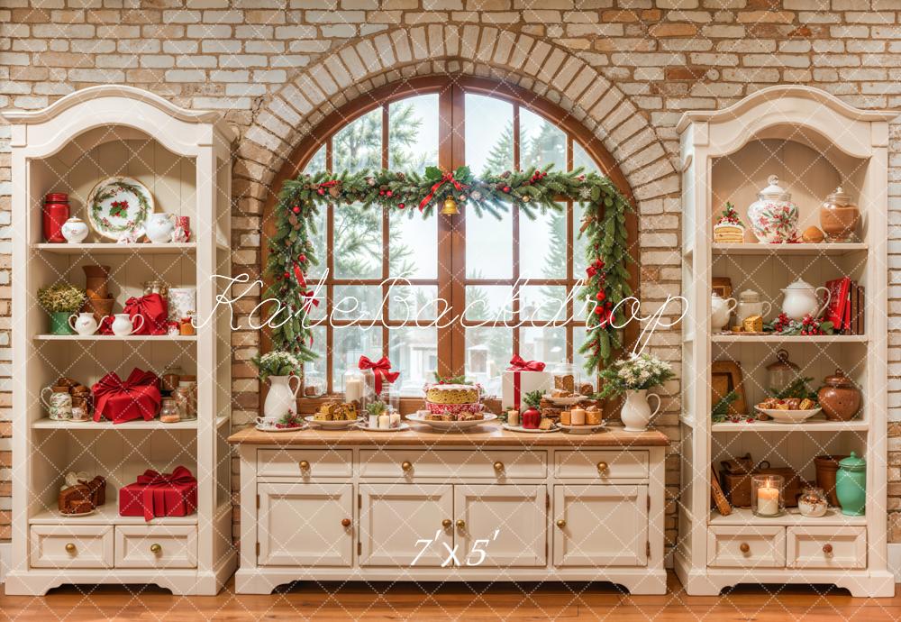 Kate Christmas Cream Vintage Brick Kitchen Backdrop Designed by Emetselch -UK
