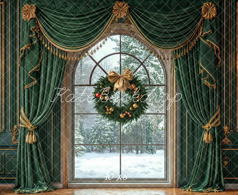 Kate Christmas Window Wreath Green Curtains Fleece Backdrop Designed by Emetselch -UK