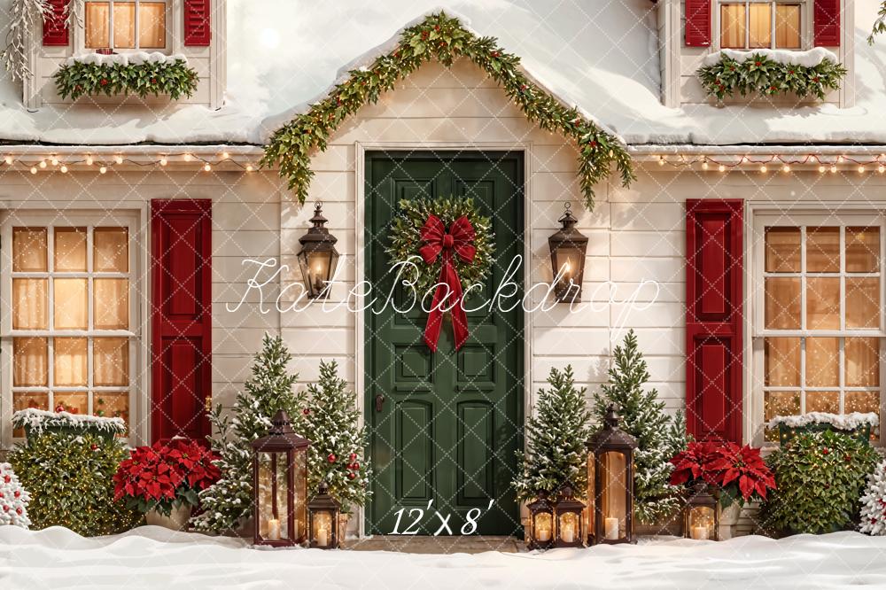 Kate Christmas House Red Green Door Wreath Backdrop Designed by Emetselch -UK