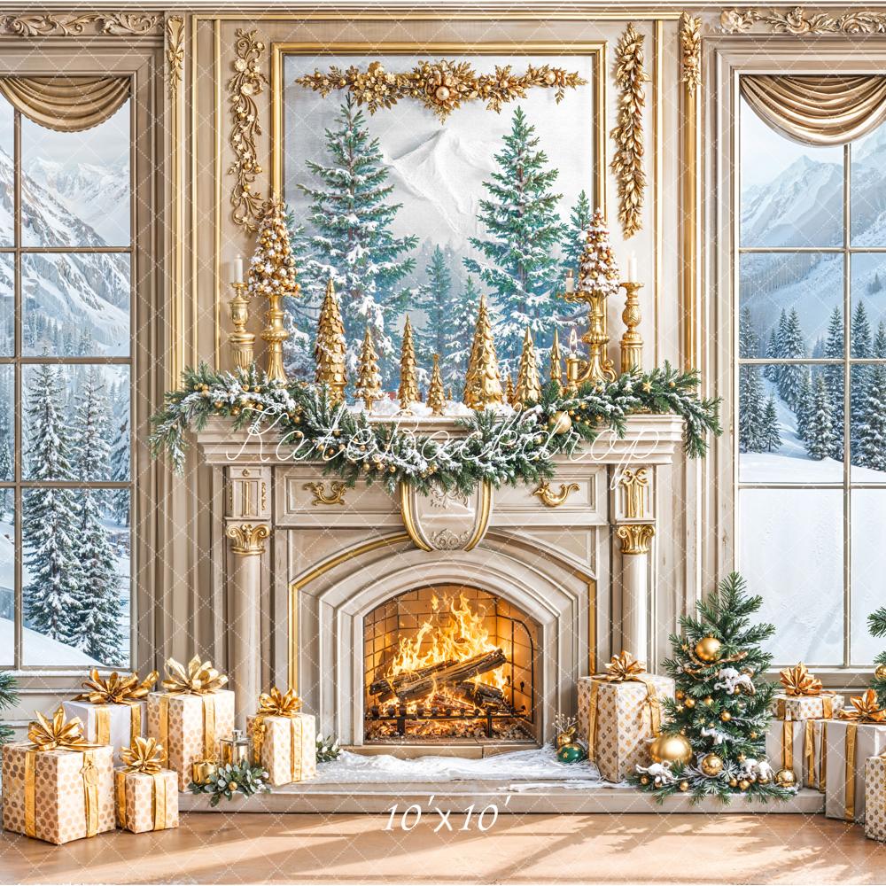 Kate Christmas Gold Fireplace Window Backdrop Designed by Emetselch -UK
