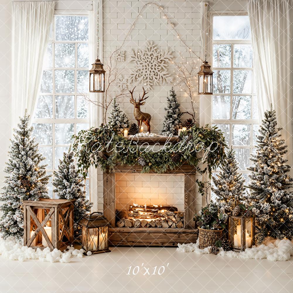 Kate Christmas Fireplace Snowflake Garland Trees Backdrop Designed by Emetselch -UK