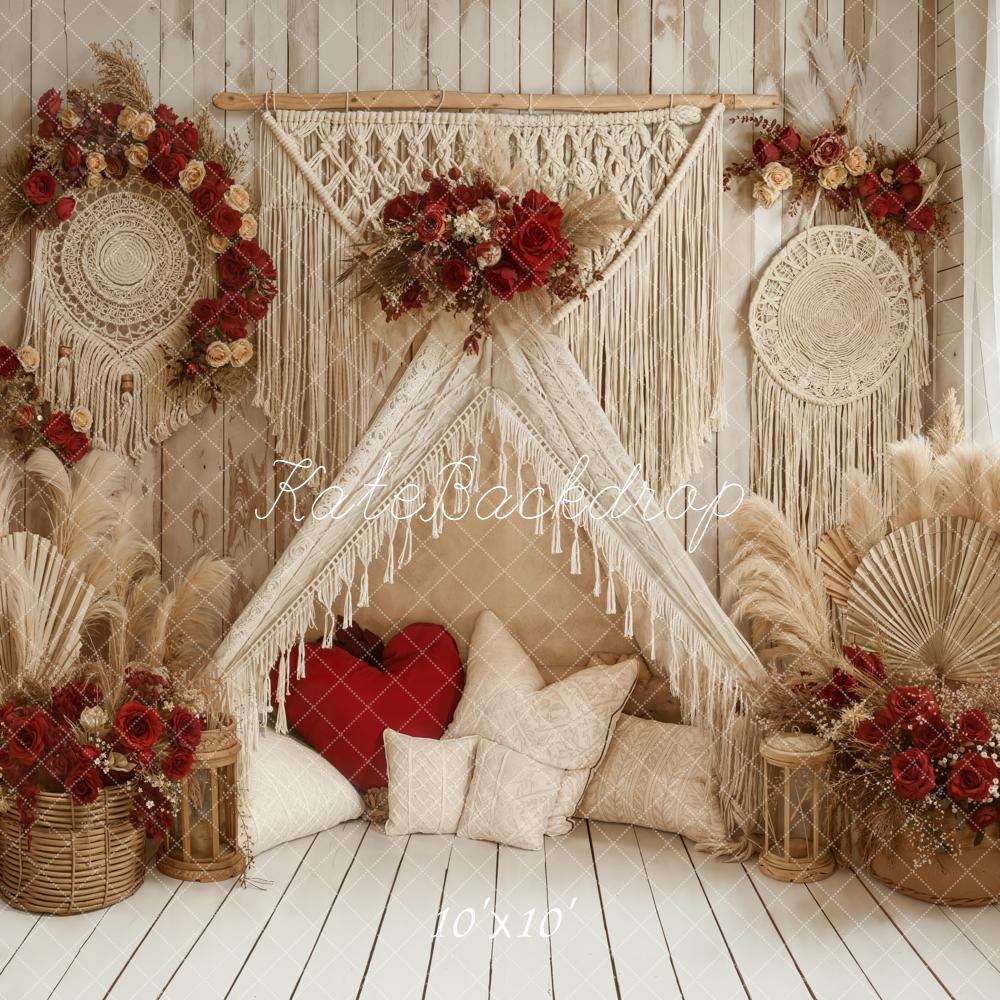 Kate Boho Macrame Pampas Grass Red Floral Backdrop Designed by Emetselch -UK
