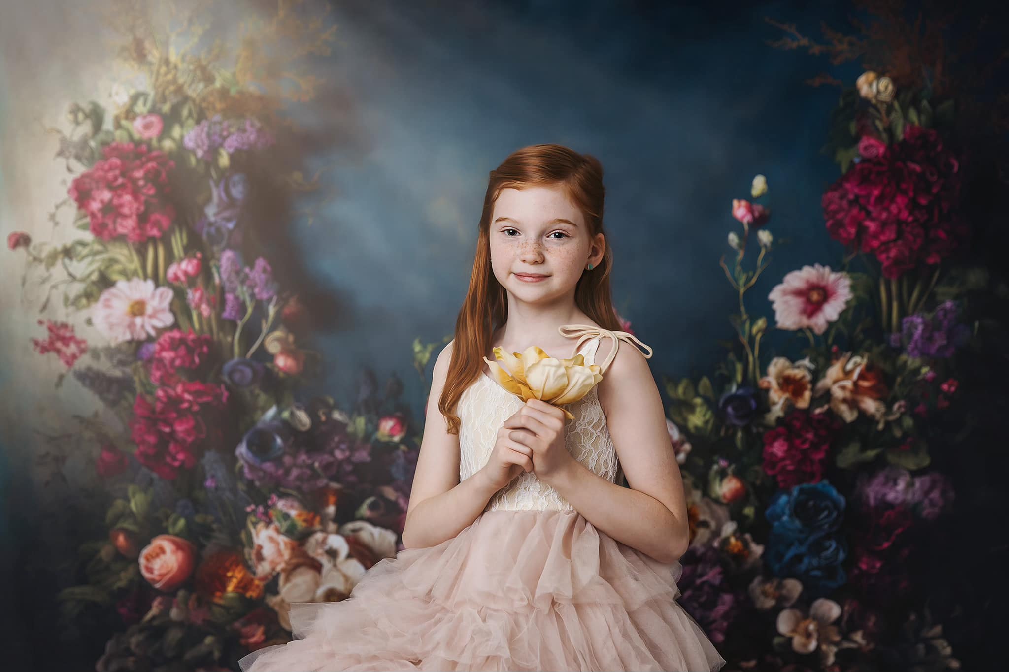 Kate Spring Fine Art Oil Painterly Floral Dark Teal Fleece Backdrop Designed by Mini MakeBelieve -UK