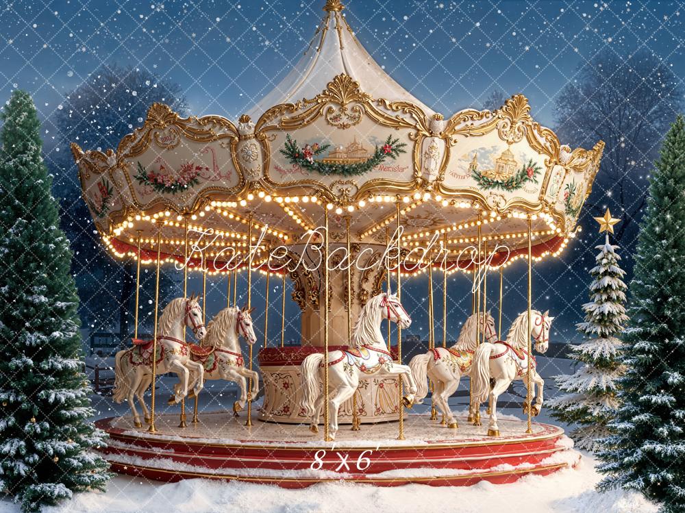 Kate Carousel Horses Snowy Christmas Trees Backdrop Designed by Emetselch -UK