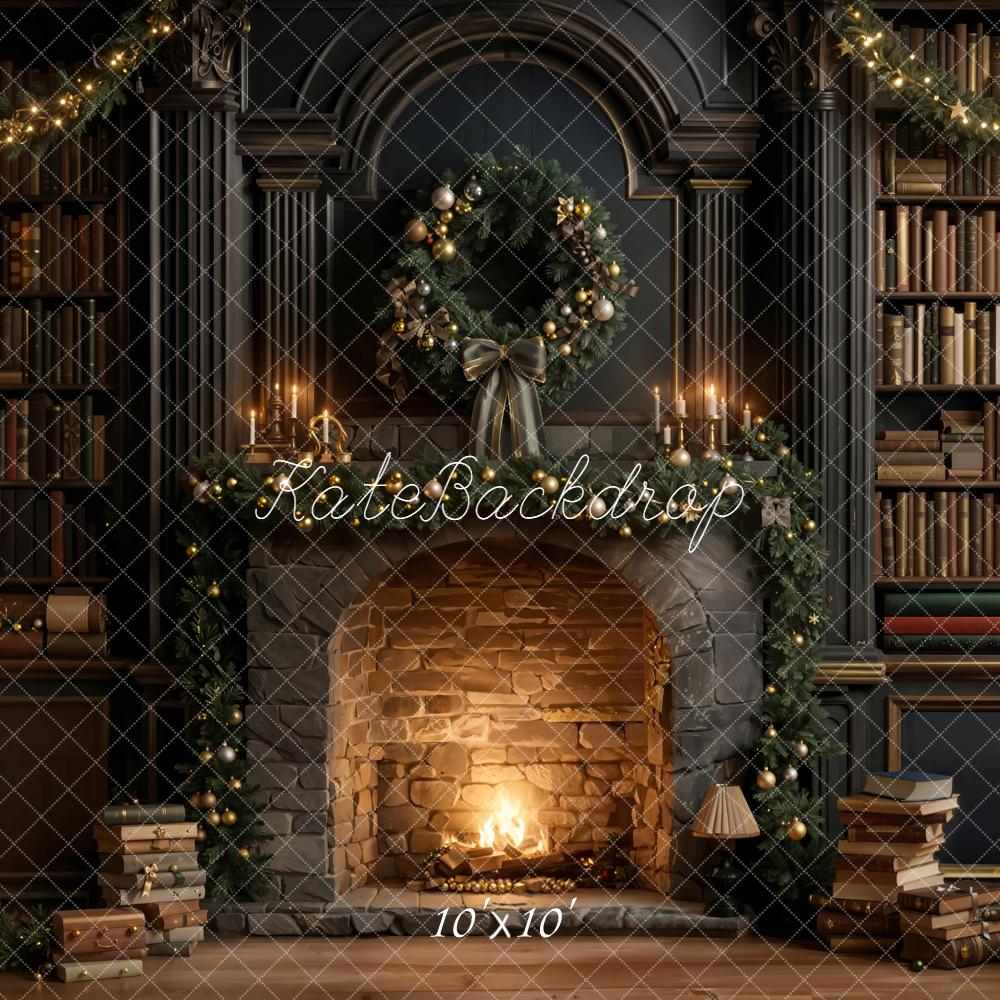 Kate Christmas Fireplace Wreath Bookshelves Backdrop Designed by Emetselch