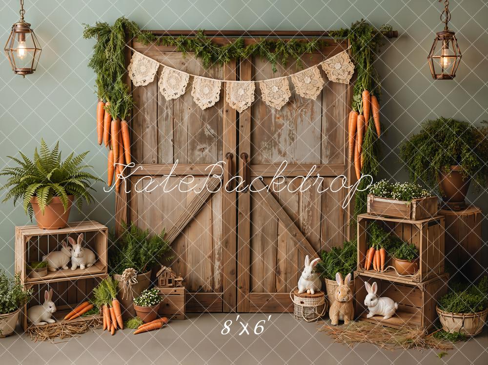 Kate Easter Bunny Carrots Wooden Barn Fleece Backdrop Designed by Emetselch