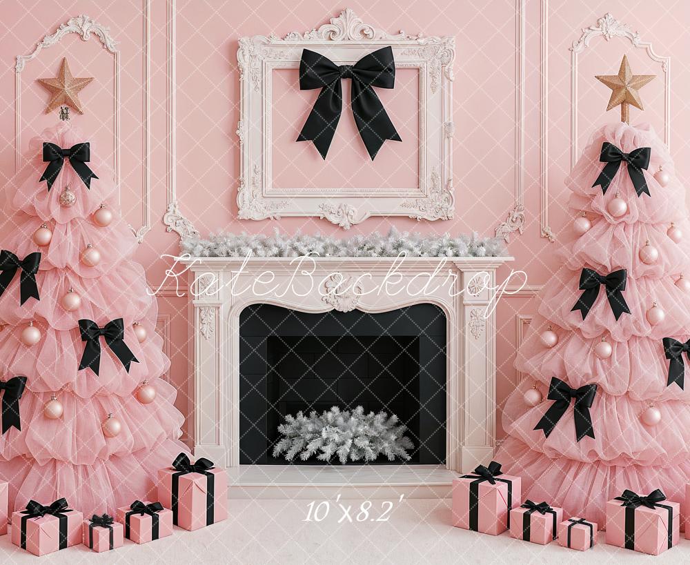 Kate Christmas Pink Trees Black Bows Fireplace Backdrop Designed by Ashley Paul