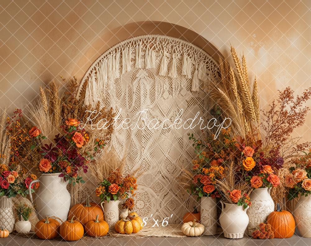 Kate Autumn Boho Pumpkins Macrame Fleece Backdrop Designed by Emetselch -UK