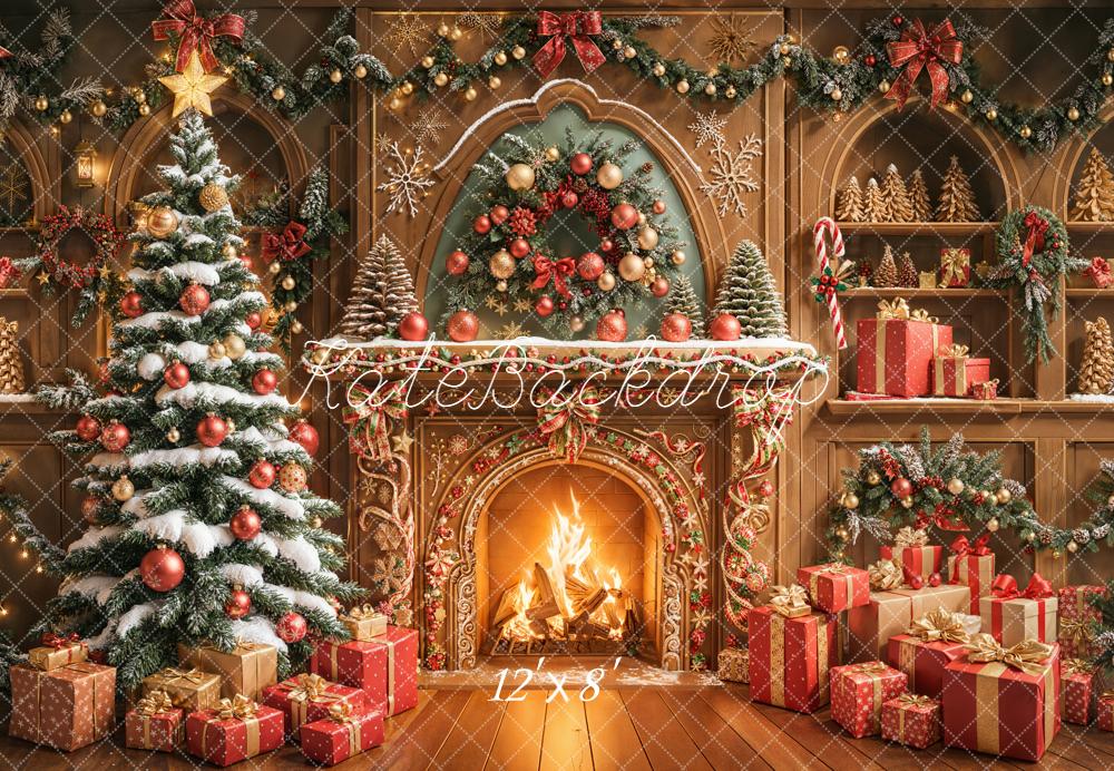 Kate Christmas Fireplace Tree Presents Garland Fleece Backdrop Designed by Emetselch -UK