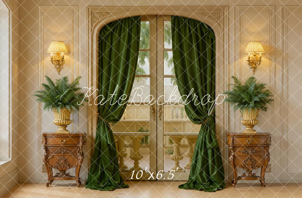 Kate Vintage French Window Green Curtains Plants Backdrop Designed by Emetselch