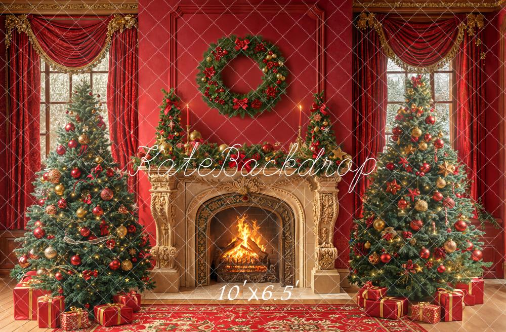 Kate Red Christmas Fireplace Wreath Trees Backdrop Designed by Emetselch