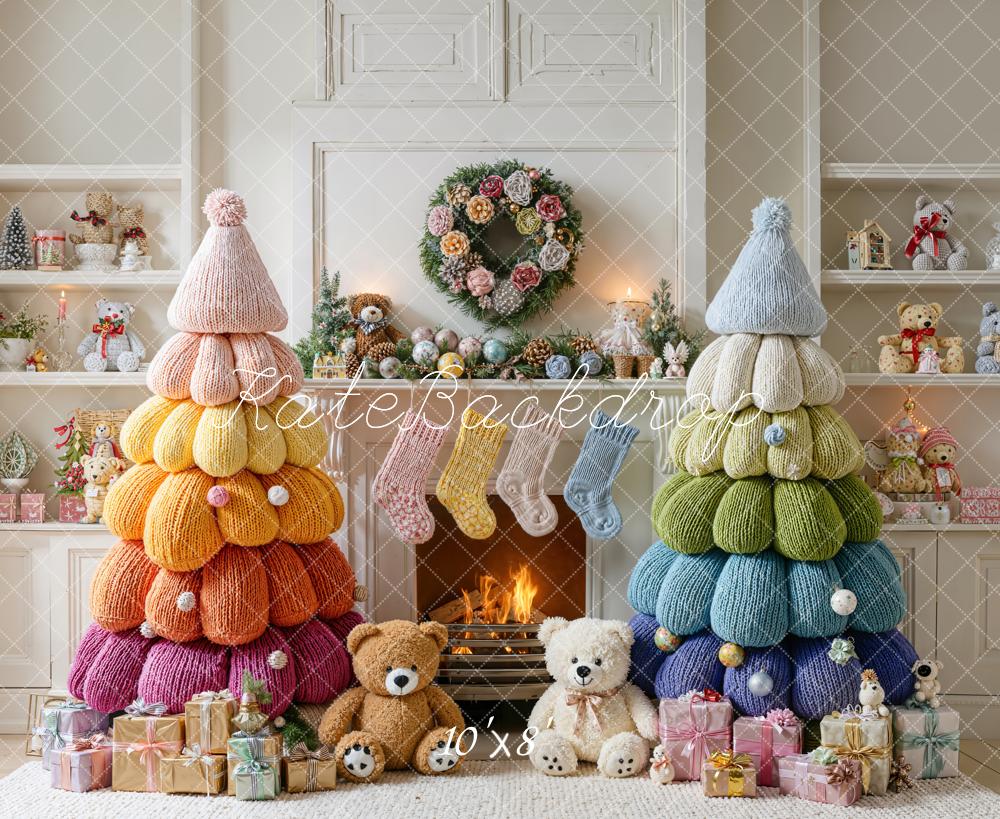 Kate Christmas Knitted Trees Fireplace Fleece Backdrop Designed by Emetselch