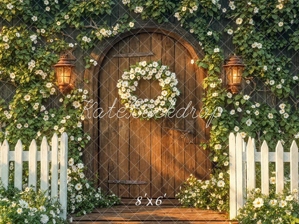 Kate Flower Arch Wooden Door White Fence Fleece Backdrop Designed by Emetselch -UK