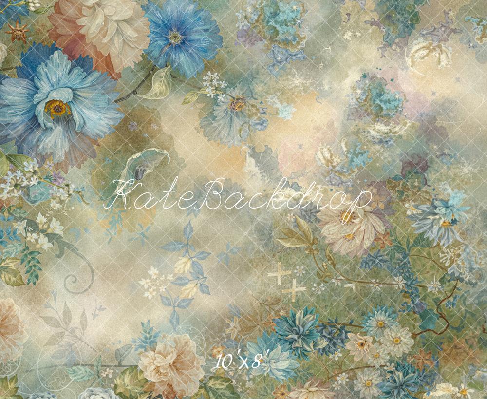 Kate Vintage Blue Beige Flowers Fleece Backdrop Designed by Emetselch -UK