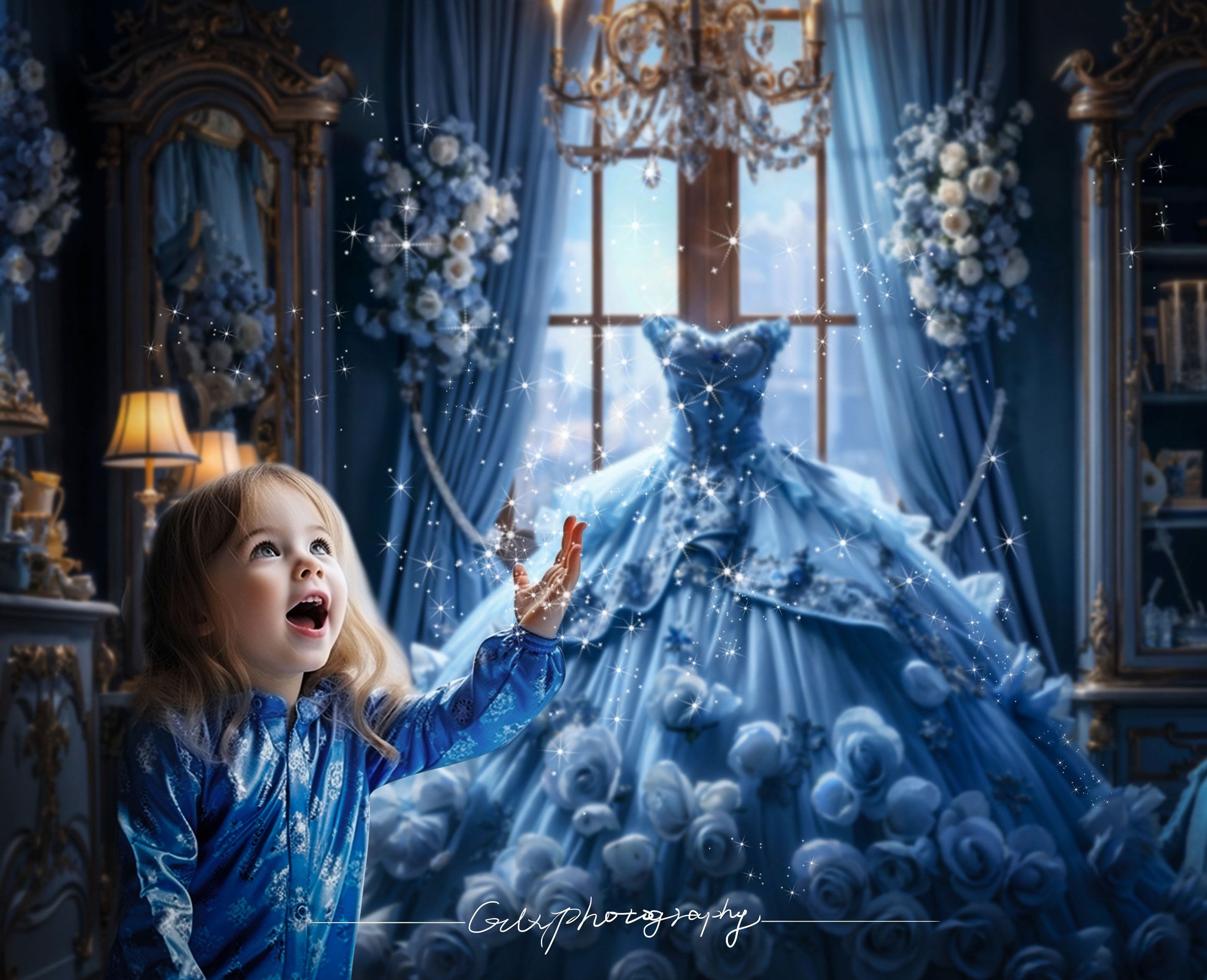 Kate Blue Dress Flower Bedroom Backdrop Designed by GQ