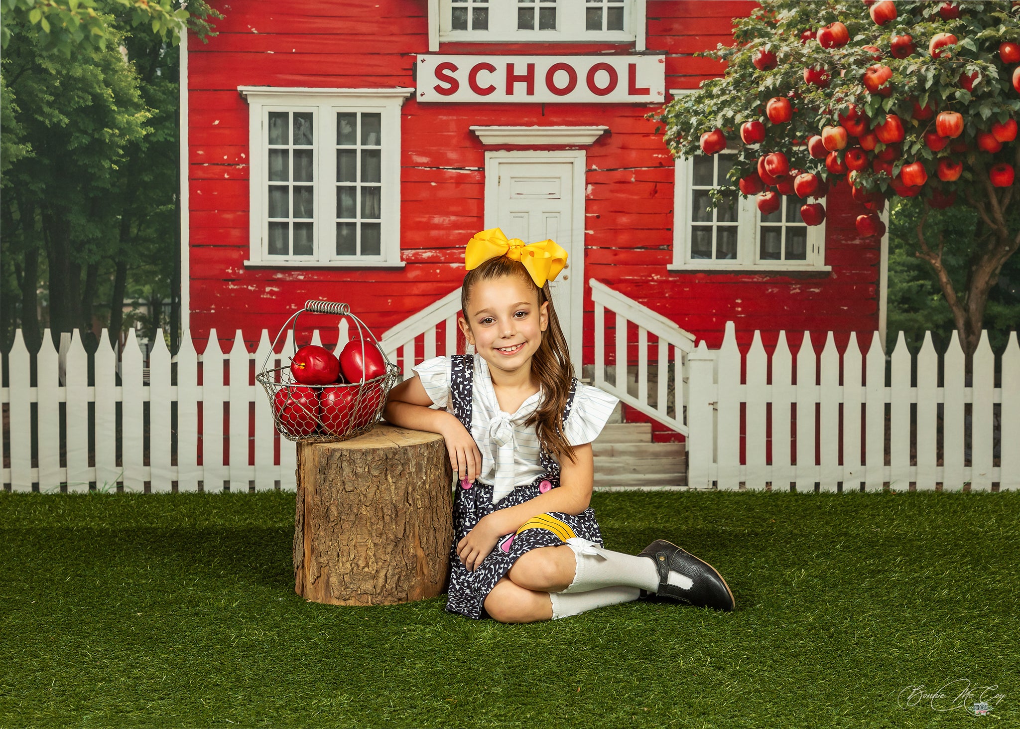 Kate Back to School Red House Apple Tree Fence Backdrop Designed by Chain Photography -UK
