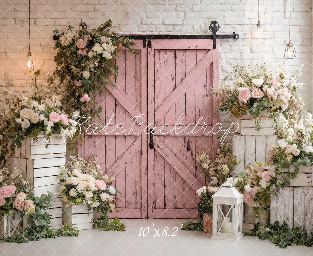 Kate Pink Barn Door Floral Arch Backdrop Designed by Ashley Paul