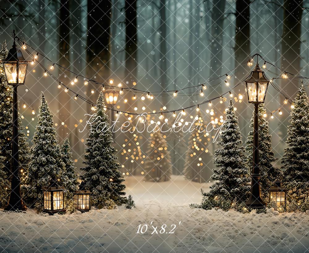 Kate Christmas Snow Forest Lanterns Lights Fleece Backdrop Designed by Emetselch -UK