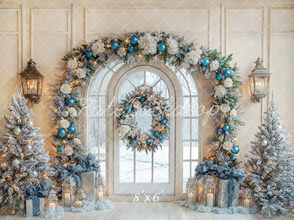 Kate Christmas Arch Window Trees Blue Ornaments Backdrop Designed by Emetselch -UK