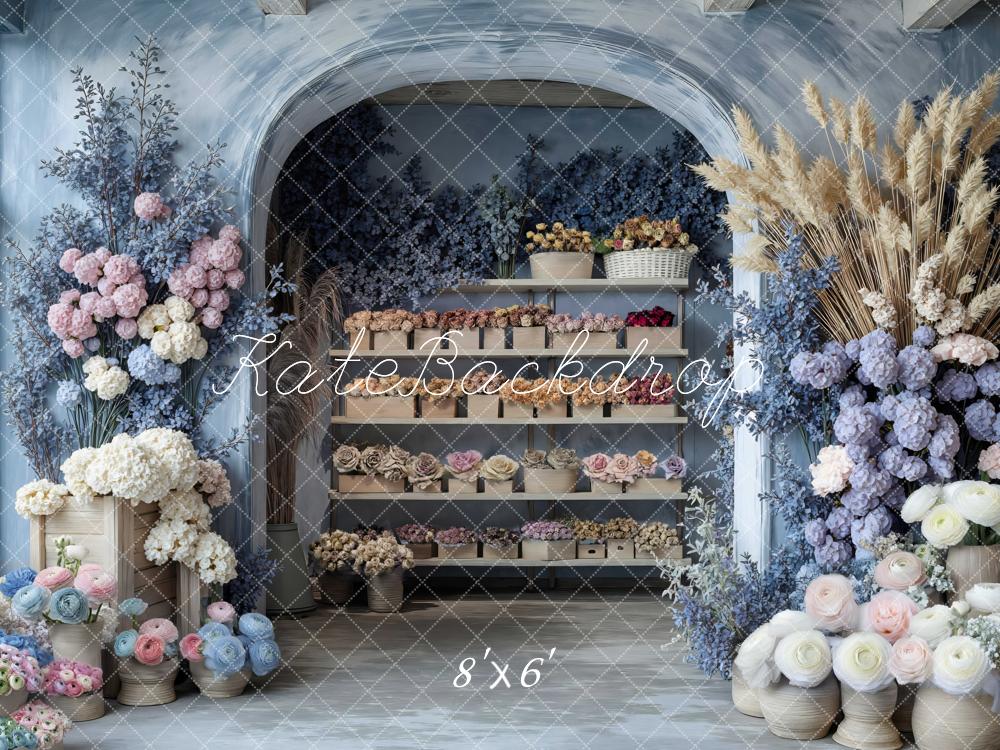 Kate Flower Arch Shelves Pastel Flowers Blue Backdrop Designed by Mini MakeBelieve -UK
