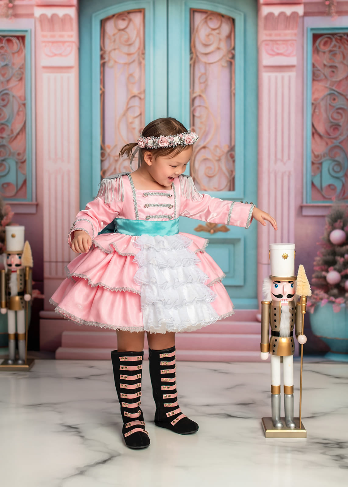 Kate Christmas Pink House Blue Door Backdrop Designed by Emetselch -UK