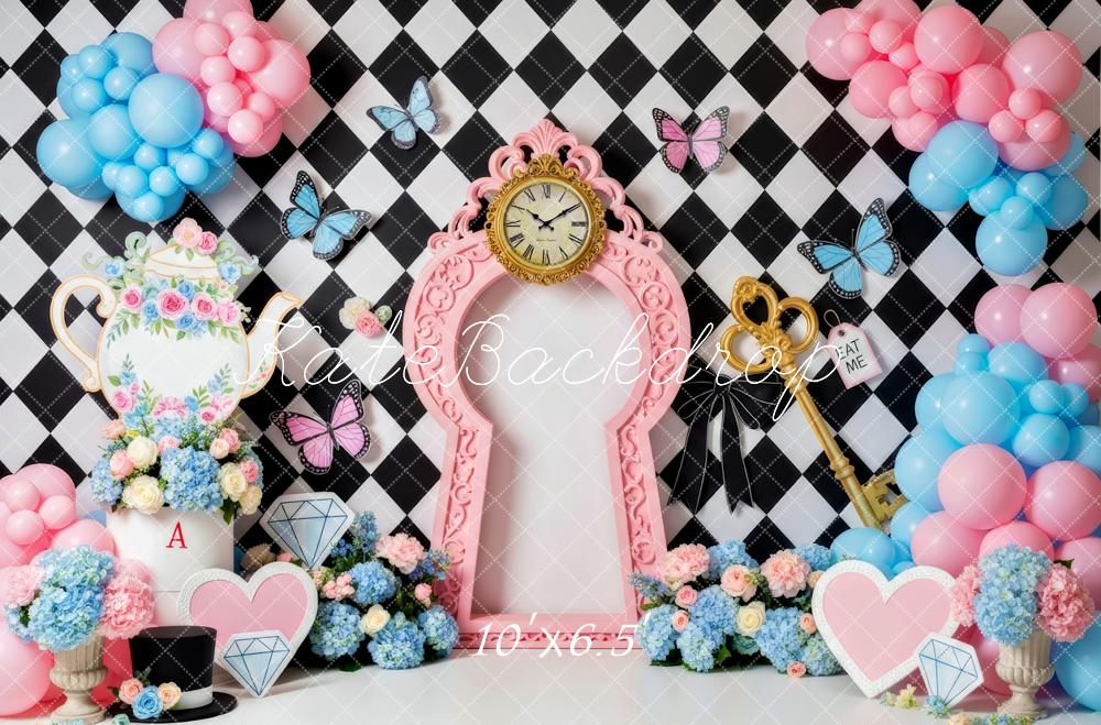 Kate Fantasy Clock Teapot Butterflies Balloons Backdrop Designed by Patty Robert