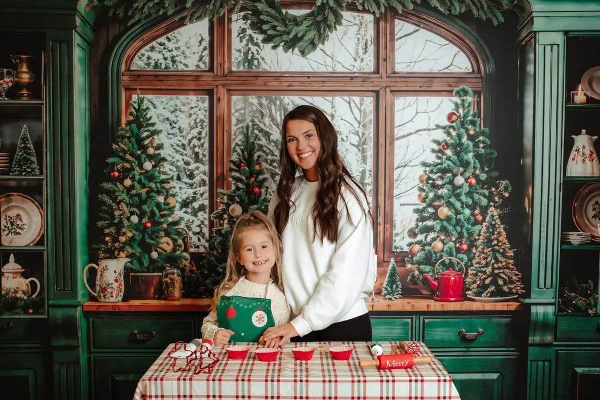 Kate Dark Green Retro Christmas Kitchen Backdrop Designed by Emetselch