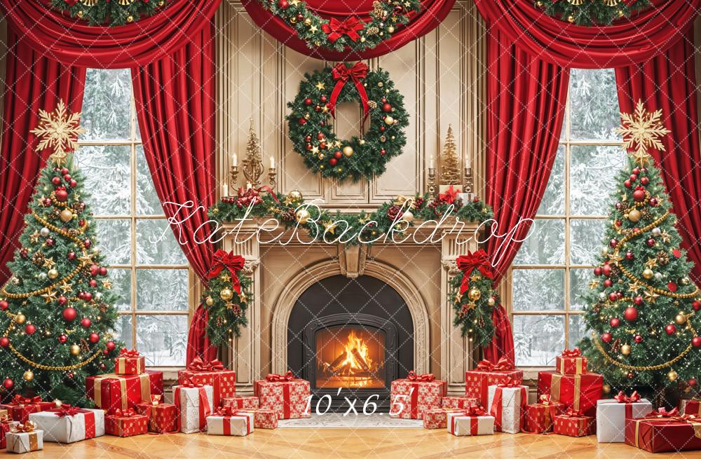 Kate Christmas Fireplace Wreath Red Curtains Fleece Backdrop Designed by Emetselch -UK