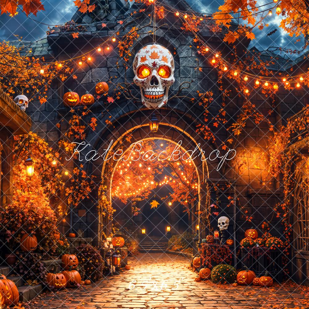 Kate Halloween Pumpkins Skull Cobblestone Path Backdrop Designed by Emetselch -UK